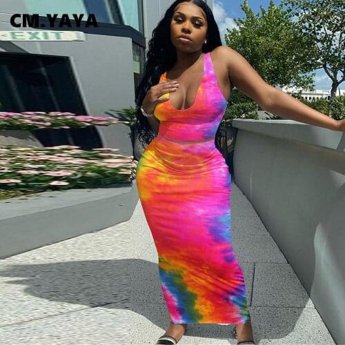 CM.YAYA Women Set Tie Dye Sleeveless V-neck Crop Tanks Tops Skinny Long Skirts Two 2 Piece Sets Sexy Outfit Summer Tracksuits
