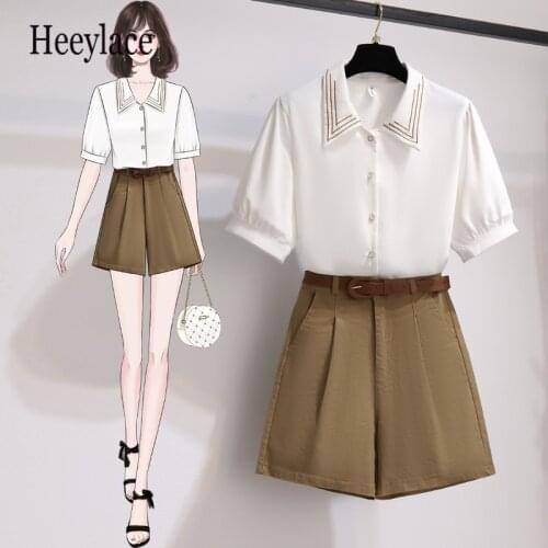 Summer korean casual two piece set for women short sleeve white top and high waist shorts sets office ladies elegant outfits
