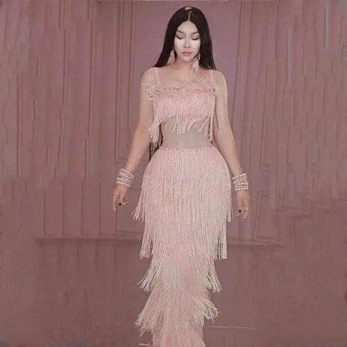 Pink Tassel Long Dresses for Women Prom Wedding Birthday Party Dress Fringes Bodycon Stage Outfit Dress Nightclub Dance Costume