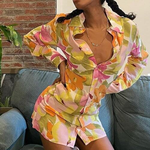 2021 Floral Print Long Sleeve Shirt Dress Women V Neck Spring Summer Flower Print Mini Sexy Beach Casual Bodycon Party Dresses