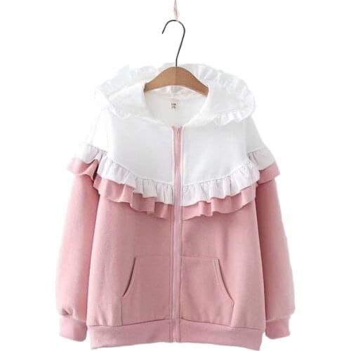 Winter Women Plus Velvet Patchwork Sweatshirt New Japan Style Kawaii Loose Hooded Zipper Thick Hoodies Sweet Pullovers 2010205