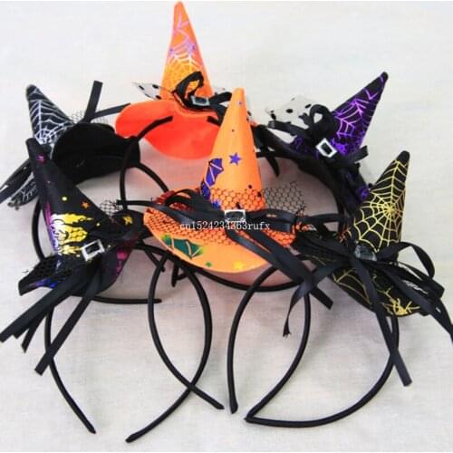 50PCS Women Girls Fashion Witch Hat Headband Party Hats Halloween Black Lace Hair Band Dance