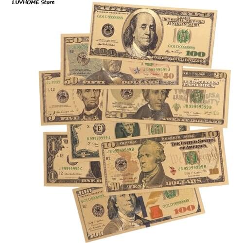 8pcs 24K Gold Plated Dollars Commemorative Notes Fake Money Gold Antique Collection 1 2 5 10 20 50 100 Dollar