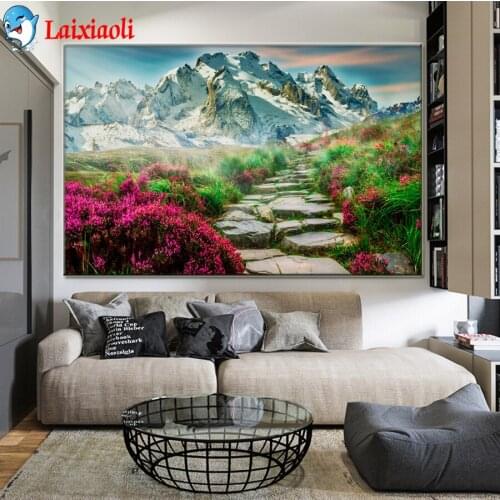 DIY 5D Diamond Painting snow mountain Full Square Round Drill Diamond Mosaic Stone road, red flowers Cross Stitch handicraft art