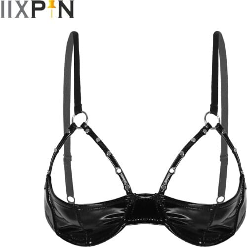 Womens Lingerie Open Cup Bra Sexy Black Shiny Patent Leather Bra with Rivet Strap and Underwire Erotic Brassiere Tops