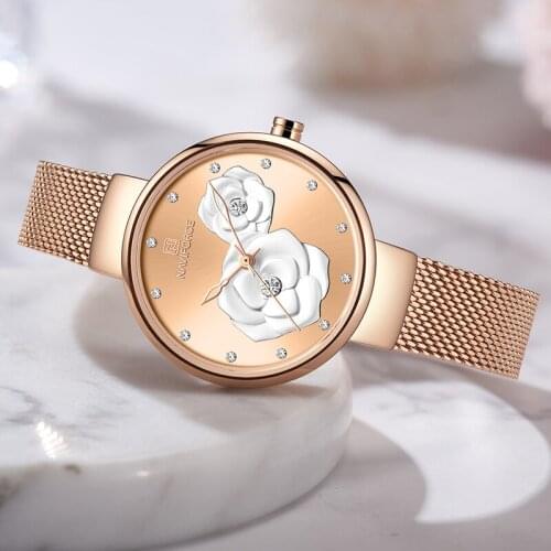 NAVIFORCE Womens Watches Luxury Rose Gold With Beautiful Flower Watch Ladies Steel Mesh Band Female Quartz Wristwatch for gift