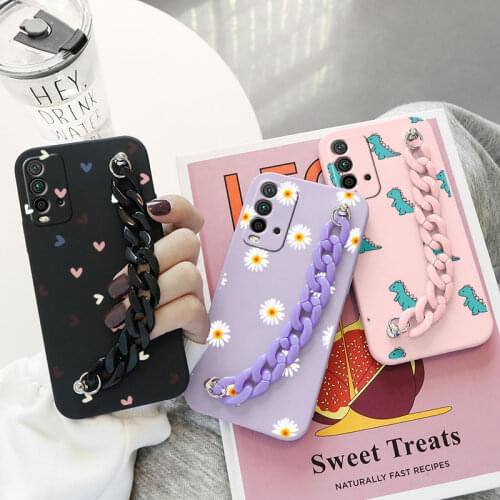 For Xiaomi Redmi 9T Case Silicone Flower Cases on For Redmi 9T 9 T Redmi9T 9 Power 9power 6.53" Fashion Wrist Chain Bumper Bags