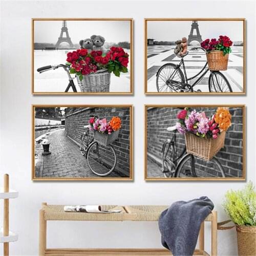 Black and White Tower Red Rose and Bicycle Canvas Painting Paris Street Wall Art Poster Print Decorative Picture for Living Room
