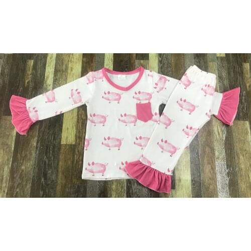 Childrens Boutique Pyjamas girl cute farm pink pig cartoon Lace Pyjamas set