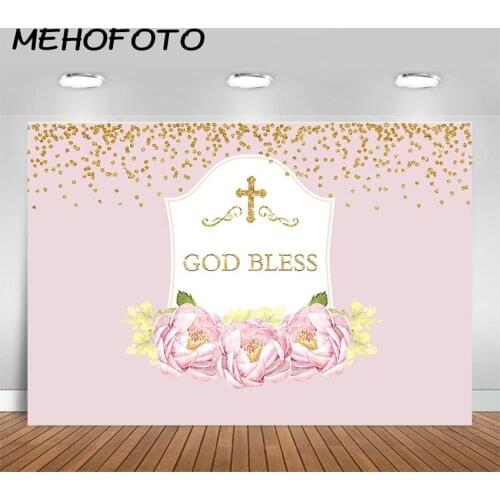 MEHOFOTO God Bless Party Photo Backdrop Pink Floral God Bless Baptism Photography Background Birthday Party Banner Backdrops