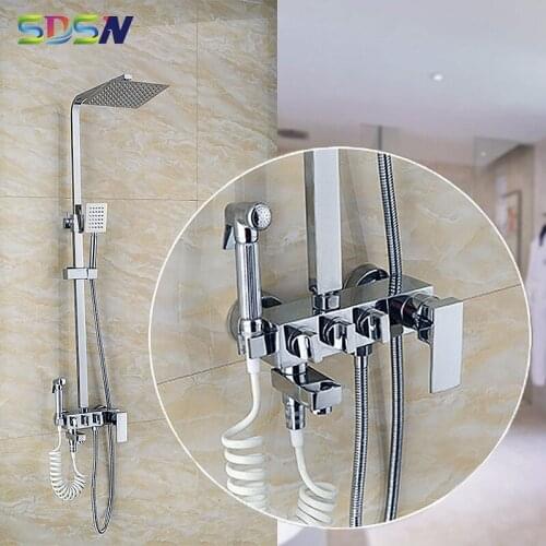 Chrome Shower Set Wall Mounted Polished Chrome Bathroom Shower System Rainfall Shower Head Brass Bathtub Faucet Shower Mixer Set