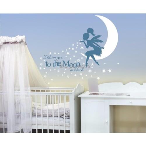 I Love You to the Moon Nursery Wall Art Fairy, Pixiedust Fairy Wall Decal, Kids Room Vinyl Stickers Murals Adhesives Decor A940