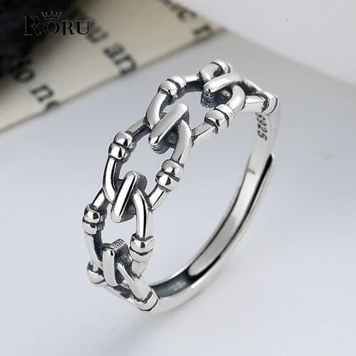 Retro Real S925 Sterling Silver Personality Hollow Woven Ring Opening Korean Fashion Punk Style Finger Rings for Women Men Gifts