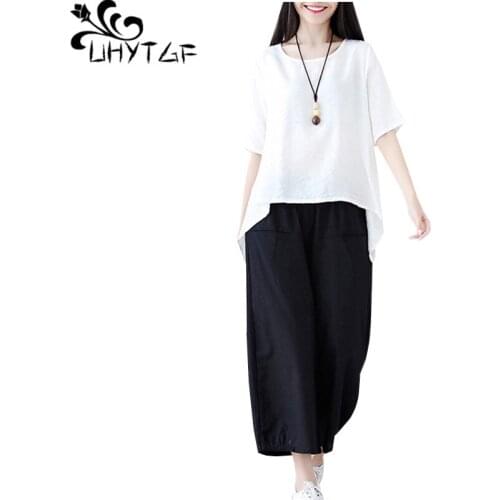 UHYTGF 2 piece sets women outfits cotton linen Oversized wide leg pants loose summer two piece set elegant clothes for women 878