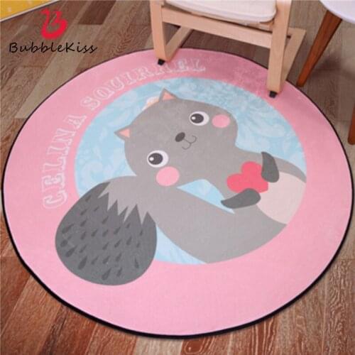 Bubble Kiss Pink Round Carpet Nordic Style Cartoon Squirrel Pattern Childrens Room Decor Rug Double Layer Cotton Washable Rug