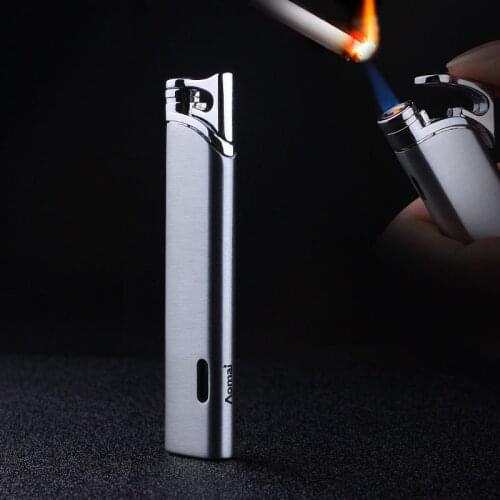 Light Ultra Thin Metal Jet Lighter Long Stripe Torch Turbo Butane Gas Lighter Pocket Windproof Cigar Cigarettes Compact Lighter