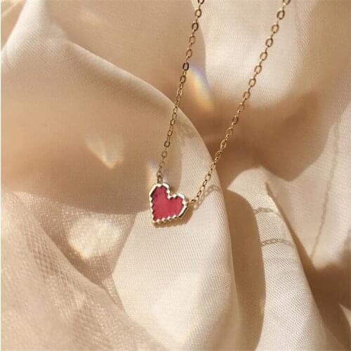 INS Hotsale Fine 925 Sterling Silver Vintage Red Epoxy Love Heart Gold Color Temperament Necklace for Women Gift Female SN131