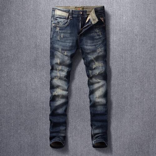 Italian Style Fashion Men Jeans High Quality Retro Black Blue Slim Fit Distressed Ripped Jeans Men Vintage Designer Denim Pants