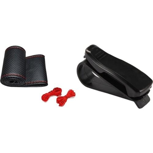 Braid on the Steering Wheel Car Steering Wheel Cover 38cm with Car Clamp Clip Holder Sunglasses Billet Card