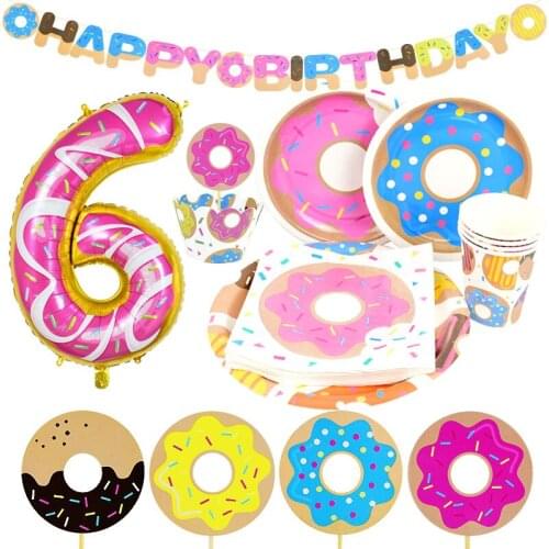 Sweet Donut Disposable Tableware Sets Paper Plate Cup Napkin For Baby Shower Birthday Candy Party Decor 0-9 Donut Number Balloon