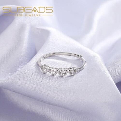 Subeads 925 Sterling Silver Heart Crystal Rings Hollow Out Adjustable Finger Rings for Women Bride Simple Wedding Party Jewelry