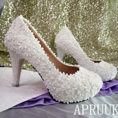 Luxury lace 11CM high heels platforms white lace pumps shoes bride zapatos de novia pearls plus size 41 42 ladies party shoe