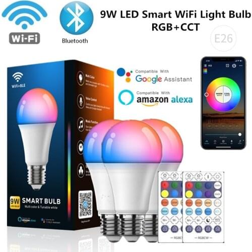 9W WiFi Smart Light Bulb Bluetooth RGB+CTT Corlorful Dimmable Lamp Timer Work With Alexa Google Home With Remote Controller