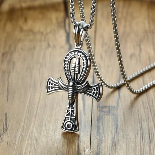 Vintage Mens Egyptian Cross of Life Ankh With Scarab Charm Pendant for Male Stainless Steel the Key of Life Prayer Jewelry