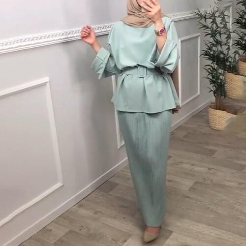 Summer Spring Women Long Sleeve Blouse And Maxi Pleated Pencil Skirt 2pcs Set Top Bottom Two Piece Outfits Muslim Fashion Ladies
