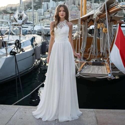 2021Elegant Beach Applique Lace Chiffon Wedding Dresses Bride Gown Halter Neck Boho Princess vestidos de novia Lace-up Plus Size