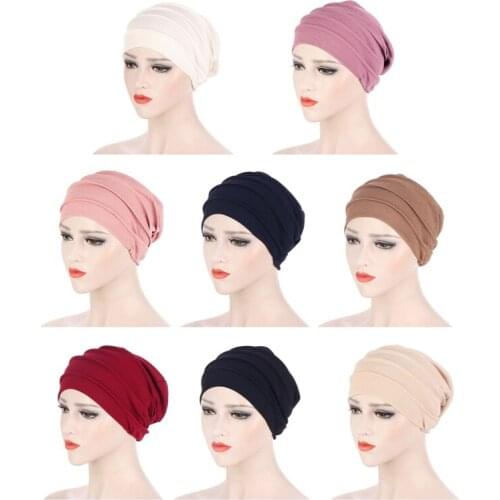 2021 New Elastic Fashion Turban Hat Solid Color Muslim Hijab Femme Wrap Head Women Warm Winter Headscarf Bonnet Inner