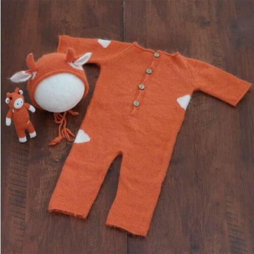 3 Pcs Baby Knitting Cow Hat Animal Doll Romper Set Handmade Crochet Mohair Beanies Cap Bodysuit Newborn Photography Prop