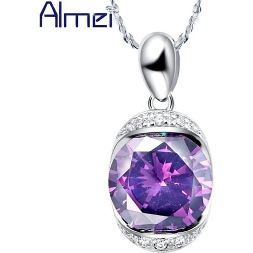 Almei 5%Off Silver Jewelry Statement With Oval Purple Stone Cubic Zircon with Necklaces & Pendants Women Girls Gifts N485