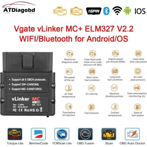 Vgate vLinker MC+ ELM327 V2.2 Bluetooth 4.0 WIFI OBD2 Scanner ELM 327 V2.2 OBD OBD2 Car Diagnostic Auto Tool PK iCar Pro