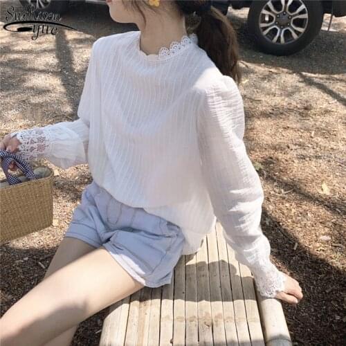 Blouse Women White Striped Ladies Tops 2021 Autumn Korean Cotton Shirt for Women Lace Casual Lantern Long Sleeve Pullover 10912
