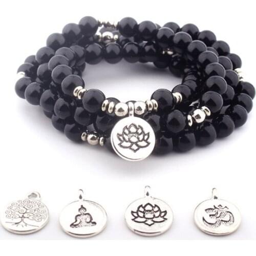 Black 108 beads 8mm elastic adjustable Lotus life tree Buddha OM eye Chakra Reiki agate Onyx Yoga Bracelet necklace 7g34