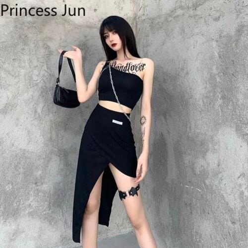 Chic Girl Punk Fashion Black Two Piece Skirt Sets One Shoulder Chain Crop Top T Shirts&Sexy Irregular Skirt 2 Piece Dress Suits