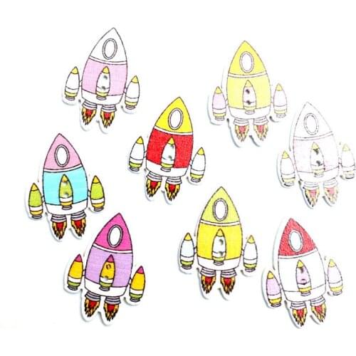 50pcs 32x23mm Mixed Rocket Wooden Buttons For Clothes Needlework Scrapbooking Crafts Diy Sewing Accessories Wood Decoration