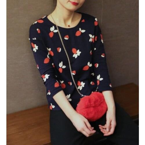 Cotton 100% Women Lemon Printed French Style Long Sleeve O Neck Blouse Top With Buttoned Detail - Latest 2019 New Ladies Top
