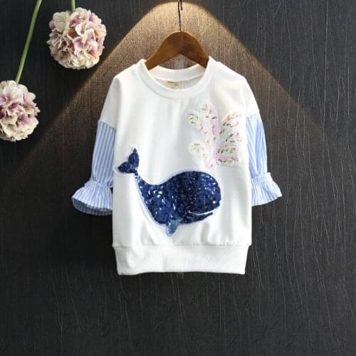 Baby Girls Long Sleeve Top 2016 Autumn Whale Sequins Striped Patchwork Sweatshirt Top Korean Children Clothing Kids Tshirt 2-7Y