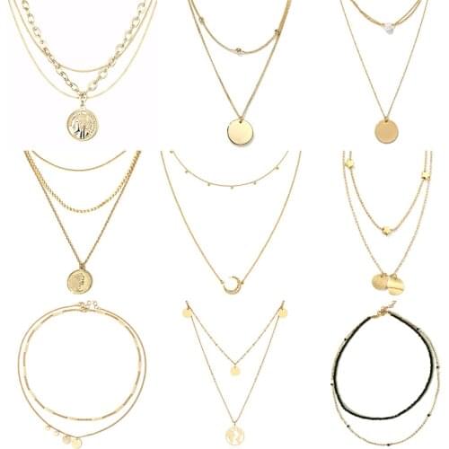 Multilayer Necklace Long Pendant Necklace Women Stainless Steel Necklace Moon Circle map Pendant Chain Necklace For Women