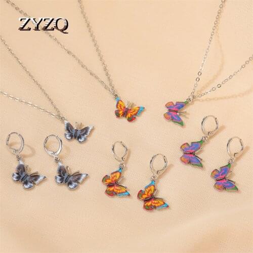 ZYZQ Fashion Gold Color Butterfly earrings Jewelry Set Colorful Painting Weddings Earrings Necklace Jewelry Sets for Women