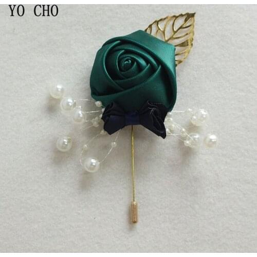 YO CHO Delicate Wedding Man Boutoniere Artificial Flowers with Gloden Leaves Woman Brooch Vintage Dress Decor