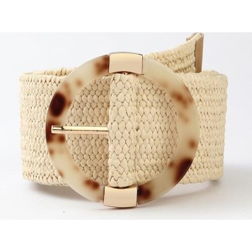 Women Casual Waistband Plastic Buckle Wide Waist Belt Pp Straw Weave Belts Boho Braided Waist Strap With Leopard Round Buckle