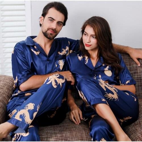 Luxury Dragon Printed Short Sleeve Pants Satin Silk Couple Sleepwear Family Lover Nightwear Men & Women Casual Home Clothing