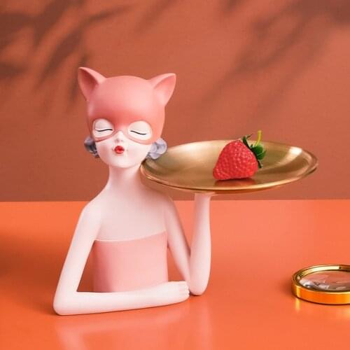 Nordic Cute Resin Cat Girls Fruit Metal Storage Tray Statues Ornaments Home room Table Figurines Decoration Furnishing Crafts