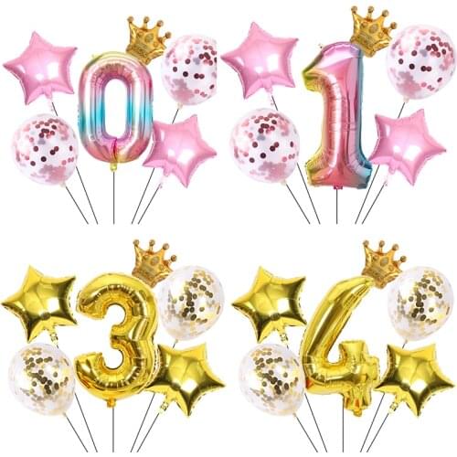 6PC Digital Crown Sequin latex Balloons Aluminum Foil Five Pointed star Birthday Childrens Day Baby Shower Wedding Decorations
