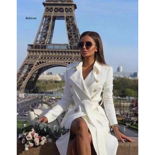 Women Vintage Double Breasted White Trench Coat for Women Sashes Slim Long Trench Female Winter Office Solid Trench Dress