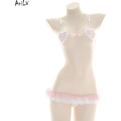 AniLV Lolita Girl Pink Plaid Love Ruffle Bikini Swimsuit Costume Comics Anime Three-point Swimwear Uniform Pool Party Cosplay
