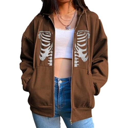 Ladies Y2K Zip Hooded Sweatshirt Sweatshirt Casual Daily Chest/Skull Print Loose Long Sleeve Pullover With Pocket Jacket